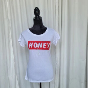 New Womens Crew neck T Shirt Top Short Sleeve “Honey” Graphic White Cotton sz L